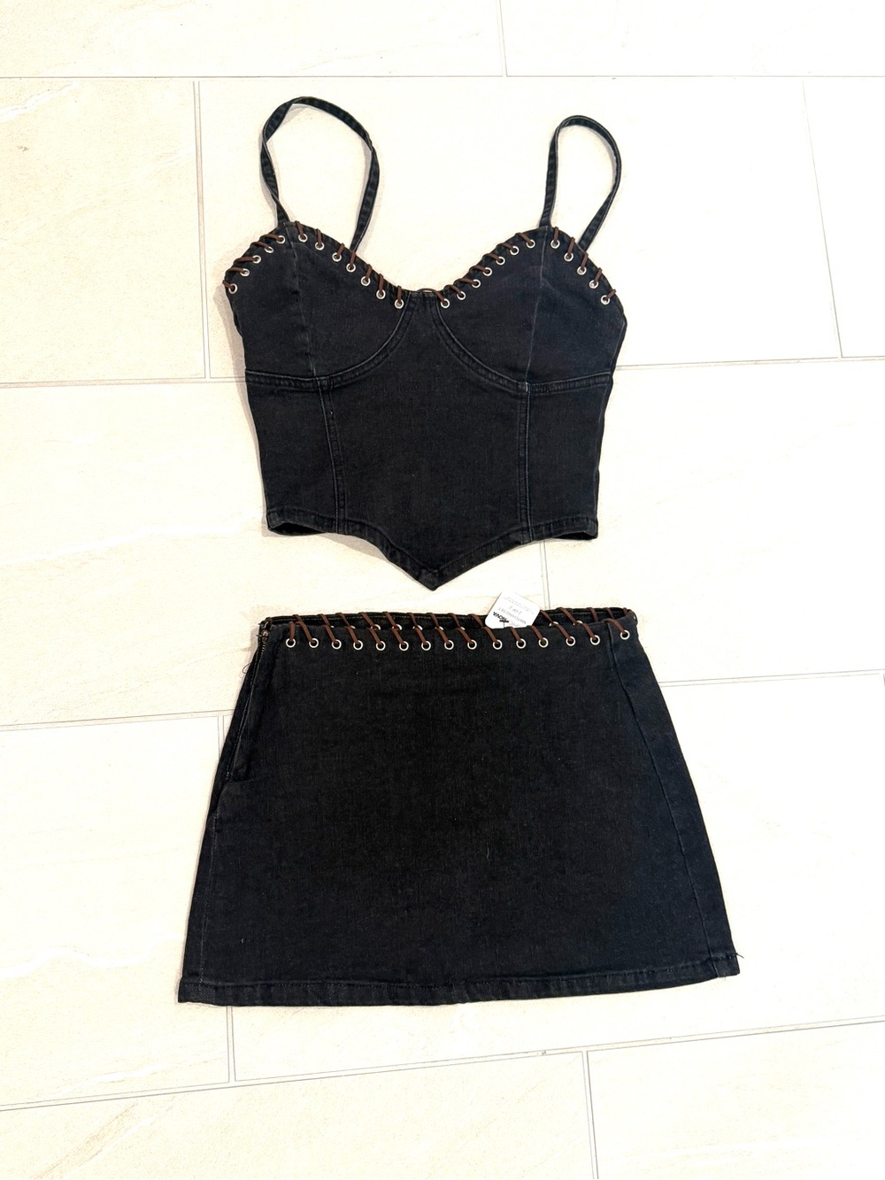 Black Lace-Up Denim Mini Skirt & top - Women